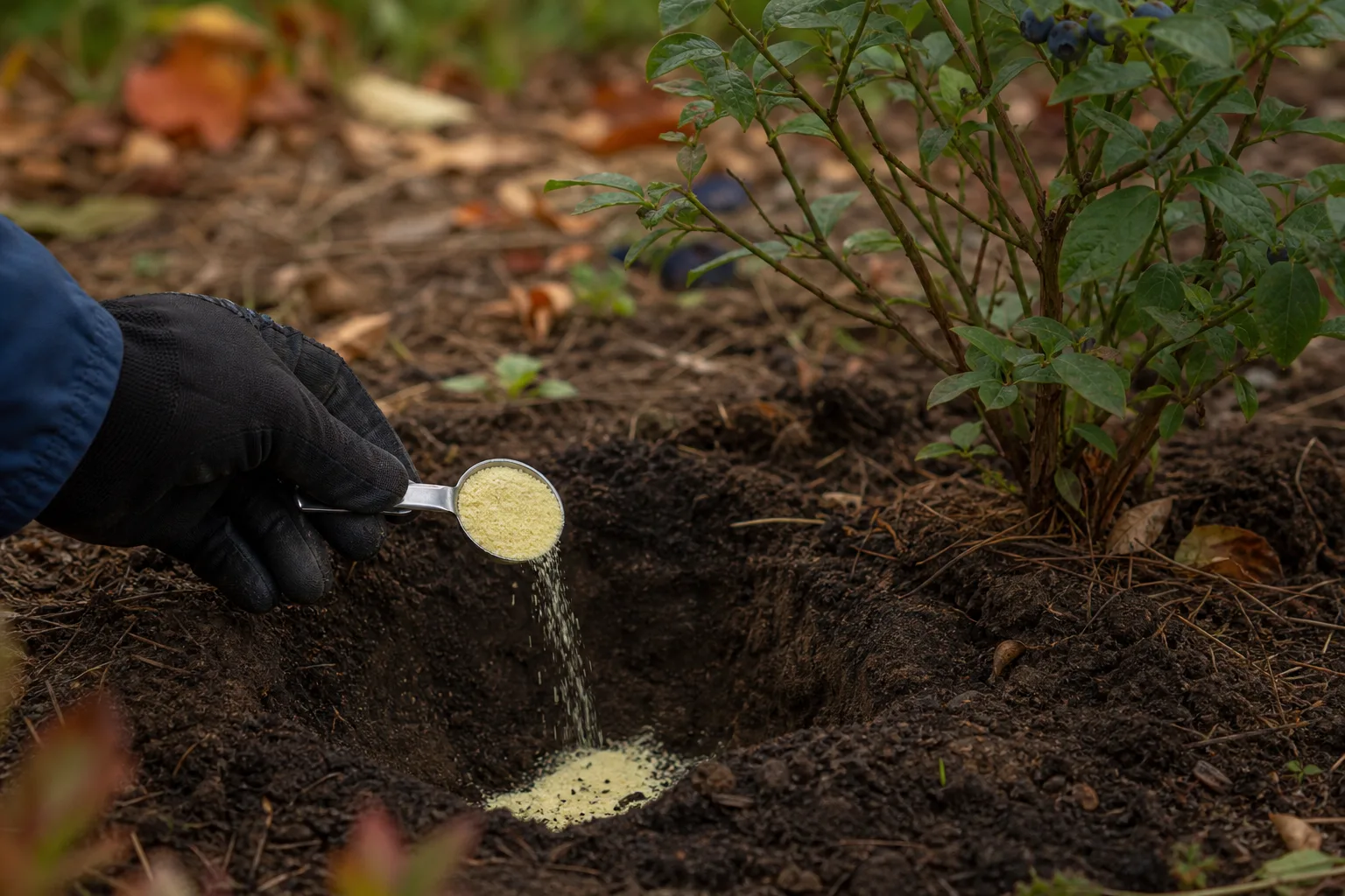 A gloved hand measuring pale elemental sulfur into a small planting hole beside a blueberry bush. Elemental sulfur works slowly, aluminum sulfate causes problems