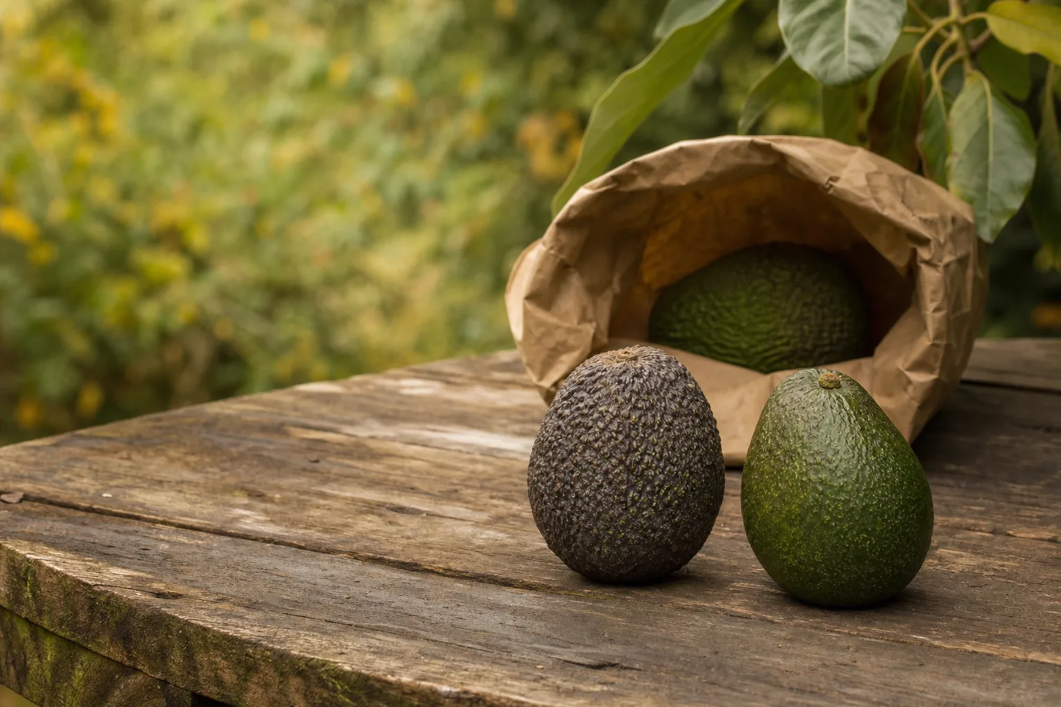 A single avocado in a brown paper bag beside two harvested avocados, one firm and one evenly softened without brown spots. If it softens evenly without shriveling, the rest of the crop is mature