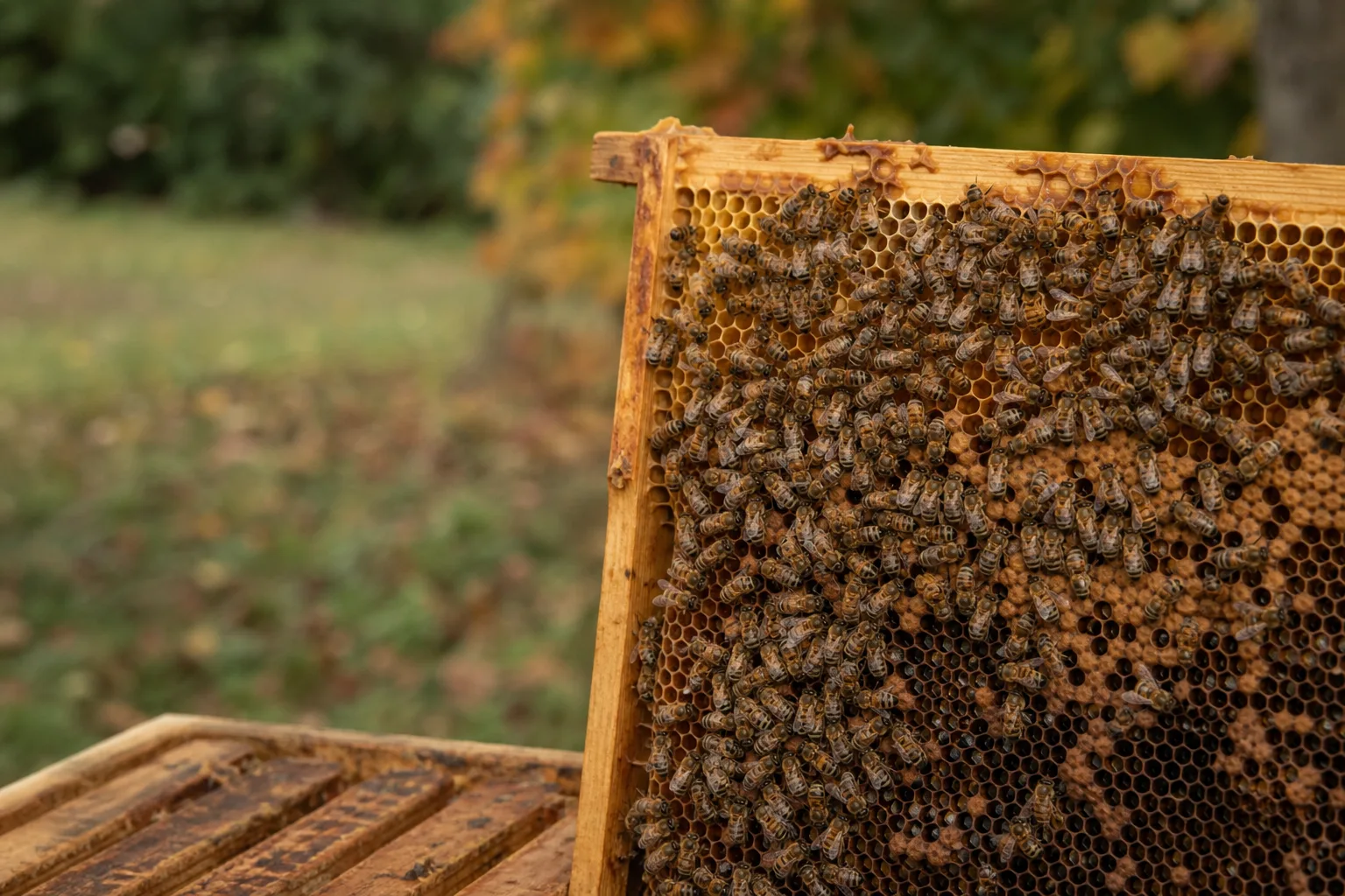 A traditional Langstroth beehive frame with wooden comb and bees resting across the cells. Local ordinances, mentorship and the honest time commitment