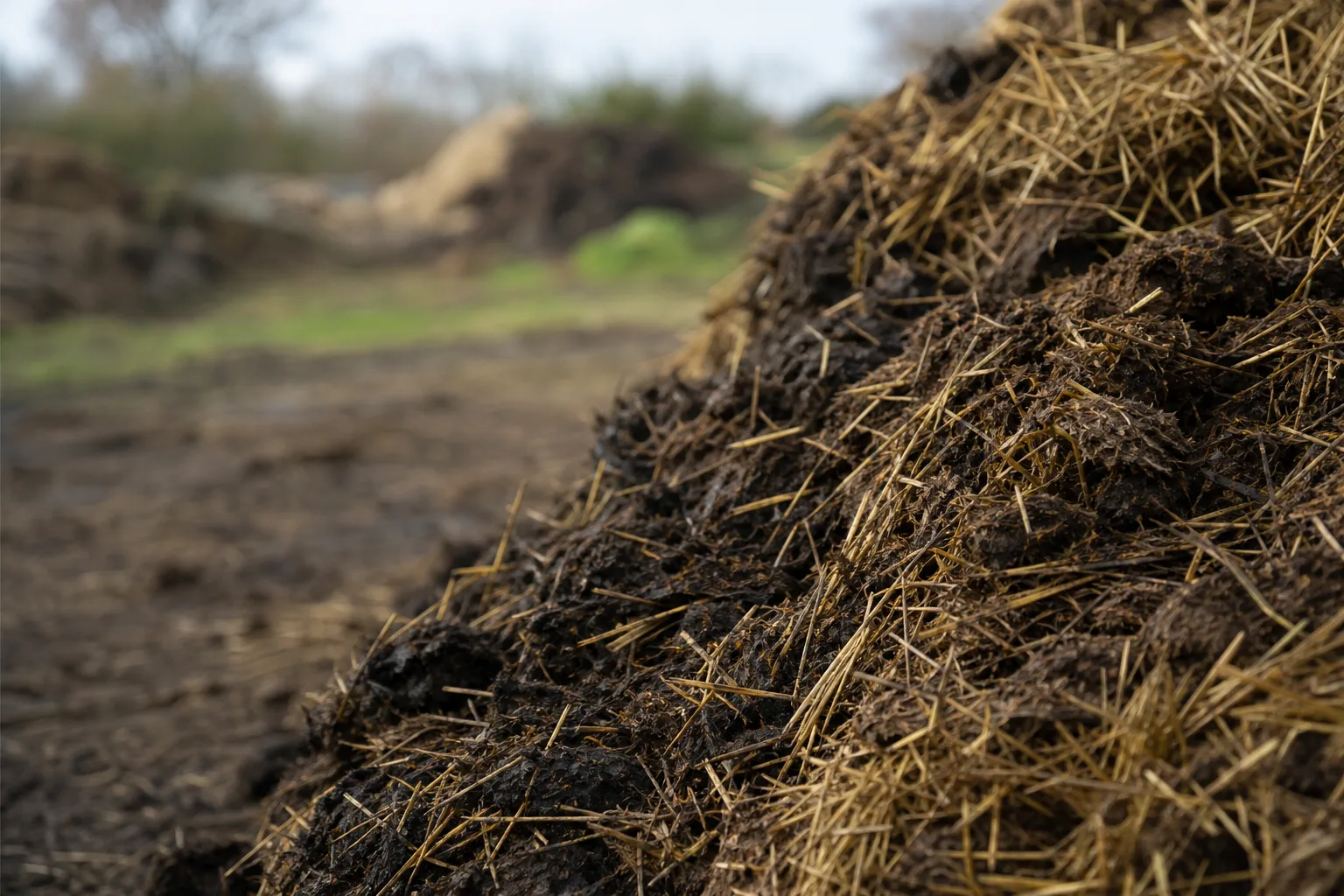 A close-up of dark finished compost mixed with straw bedding and visible crumbly soil texture. Closed-loop fertility, on-farm compost and integrated livestock
