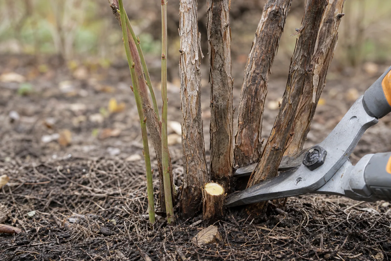 A close-up of three thick old blueberry canes being cut at the crown beside two slender new replacement canes. Removing a fifth of the oldest canes each winter keeps the bush young forever