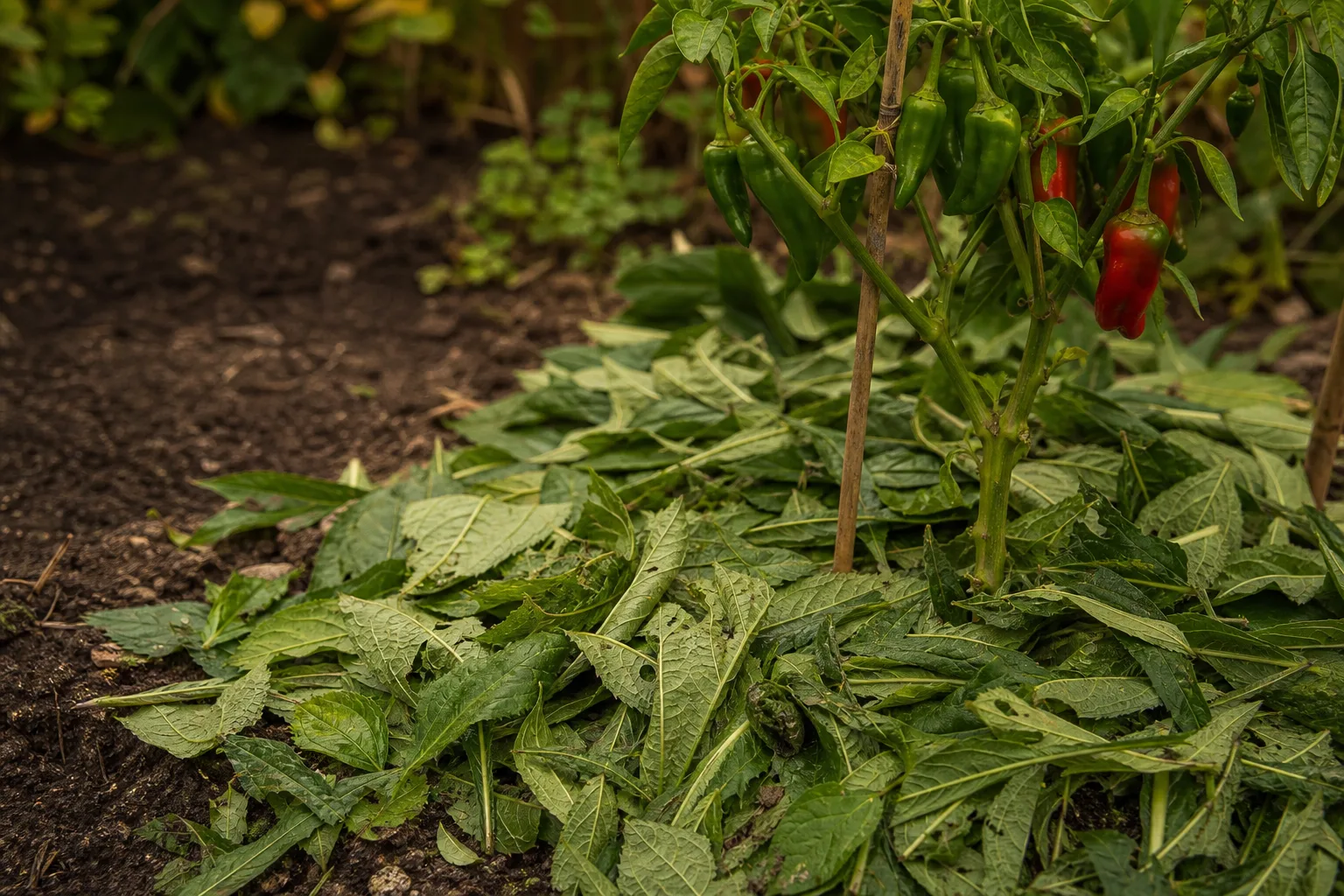 freshly cut comfrey leaves and stems spread in a loose layer around the base of a pepper plant. Comfrey, tithonia and legume shrubs as on-site fertilizer