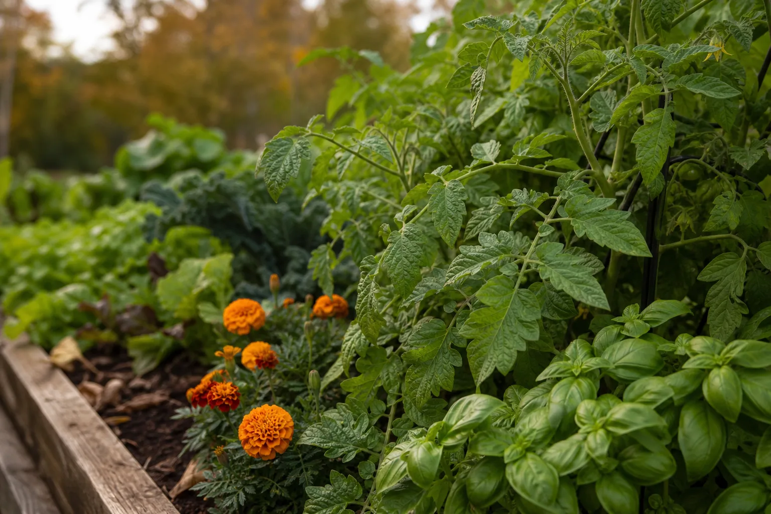 A close-up raised-bed row of tomato leaves beside basil and bright marigold flowers. A reference you can plan a bed from