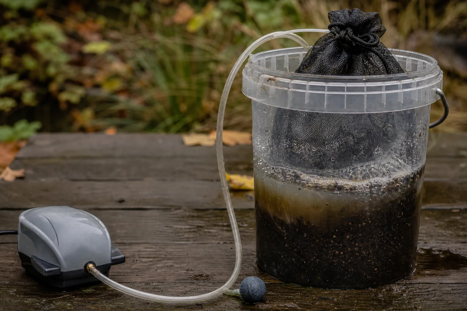 A mesh bag of mature compost bubbling in a clear bucket beside an aquarium air pump and air stone. Aerated tea is oversold and unaerated tea can be dangerous