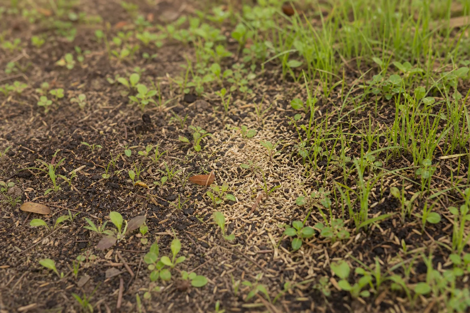 A close-up of native meadow seed scattered across lightly mulched bare soil beside emerging grass and wildflower seedlings. Three years before it looks like the photo