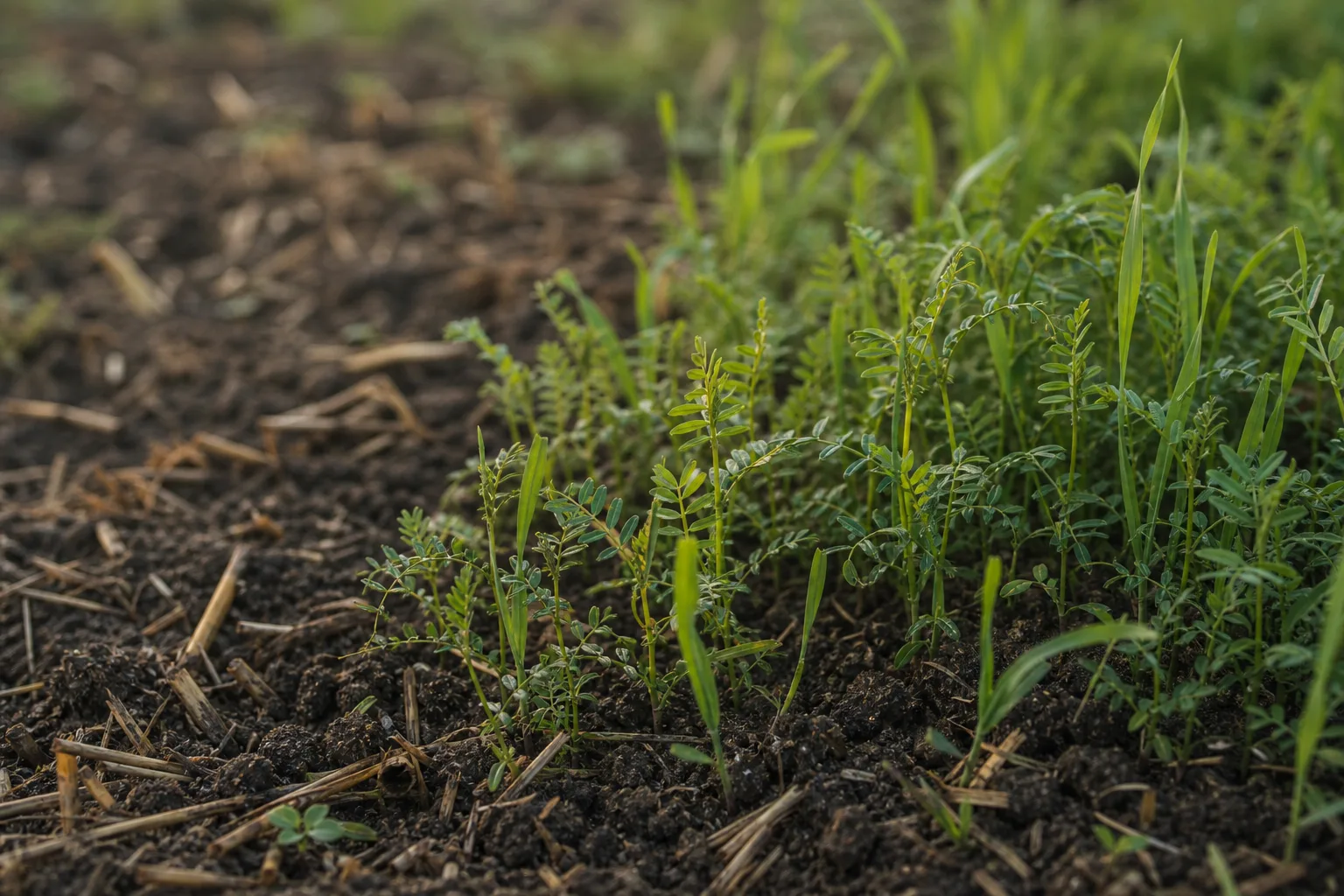 Close-up of hairy vetch and winter rye seedlings emerging through dark garden soil. Nitrogen, biomass, compaction or weed suppression pick different species