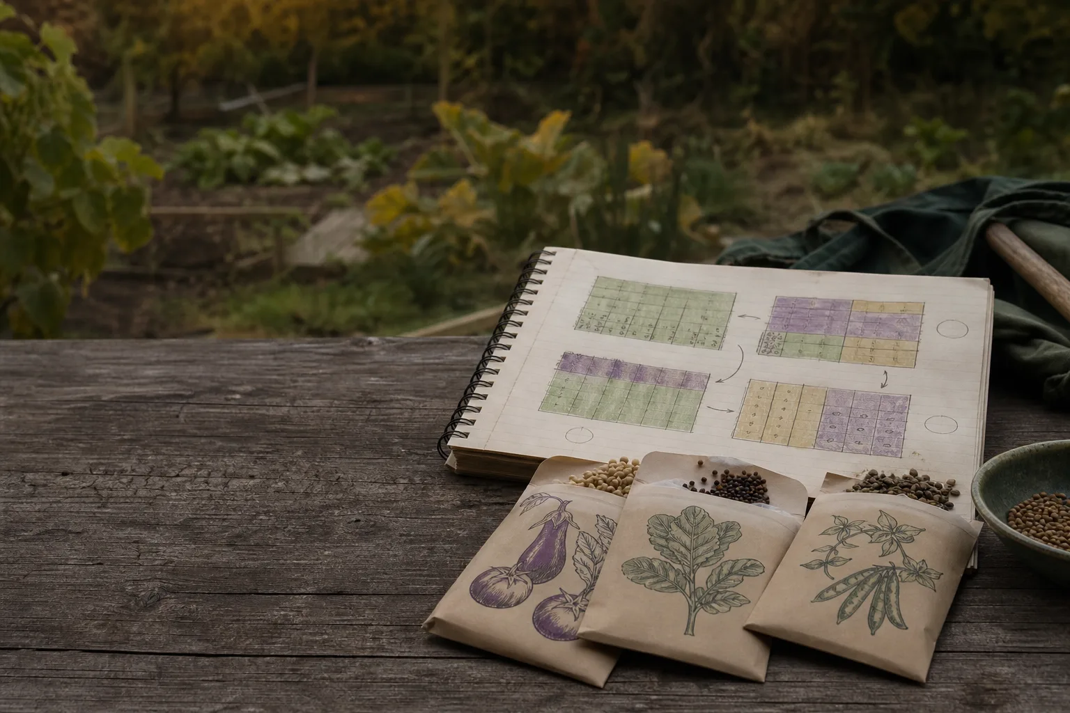 A handwritten garden map beside labeled seed packets for Solanaceae, Brassicaceae, and Leguminosae. Rotating by plant family, not by crop, and three years minimum
