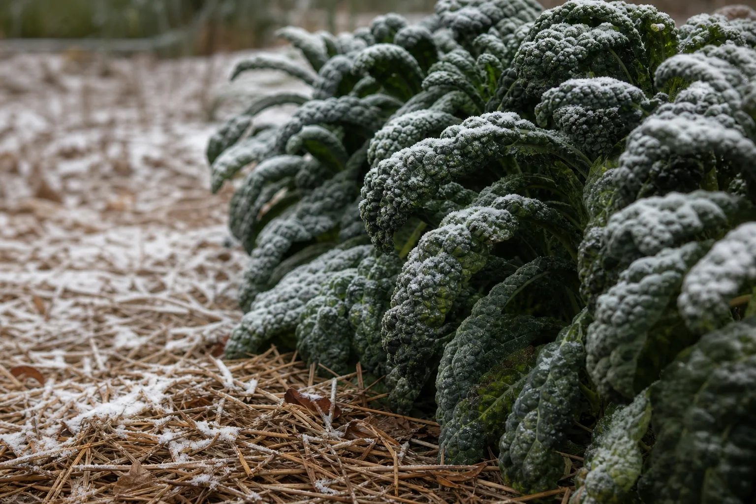 A close-up row of kale leaves beside straw mulch with a thin layer of snow on the leaf edges. Some greens get sweeter after a hard freeze