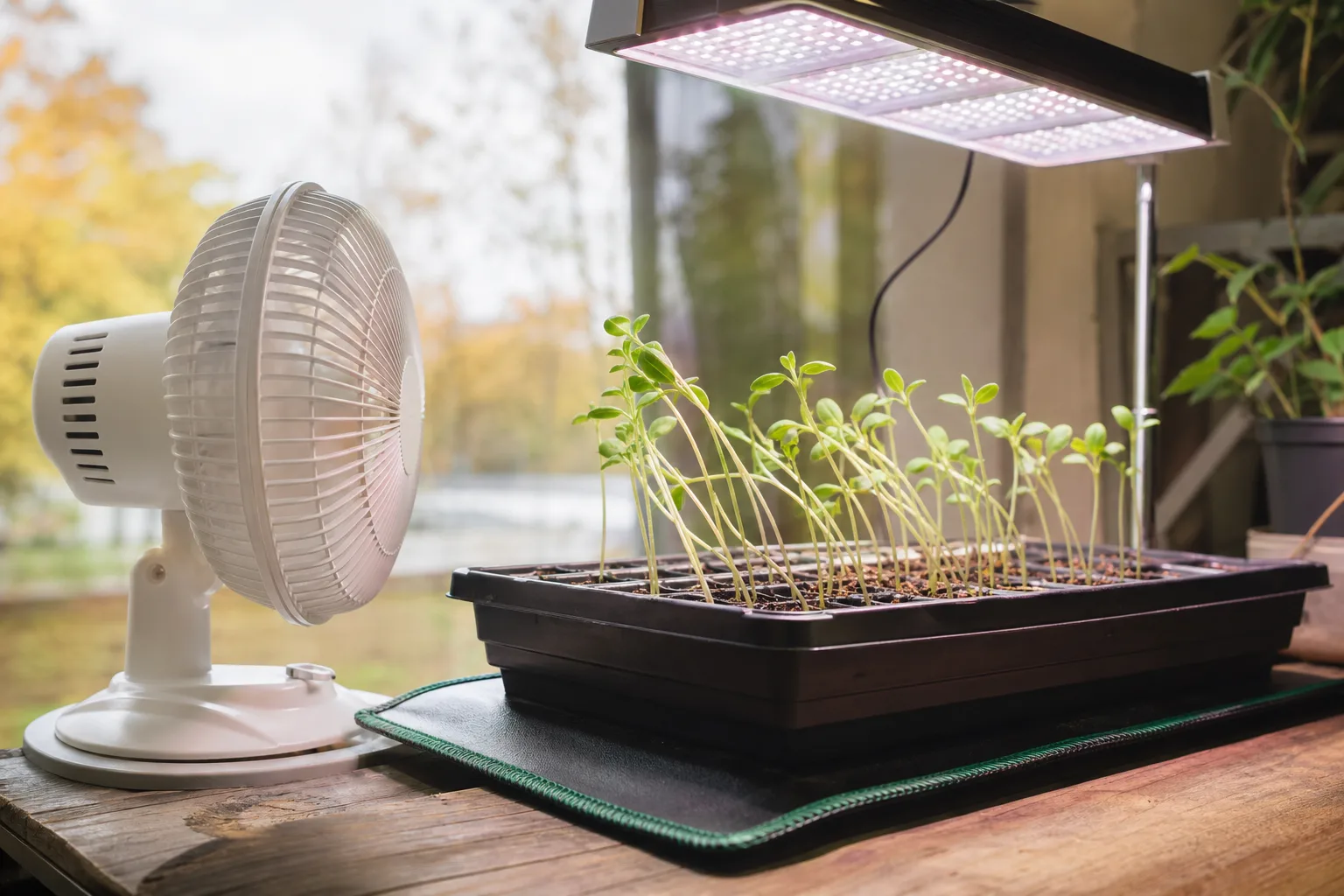 A close-up seedling tray with pale stretched stems beside a small oscillating fan and LED grow light. Light, airflow and bottom heat