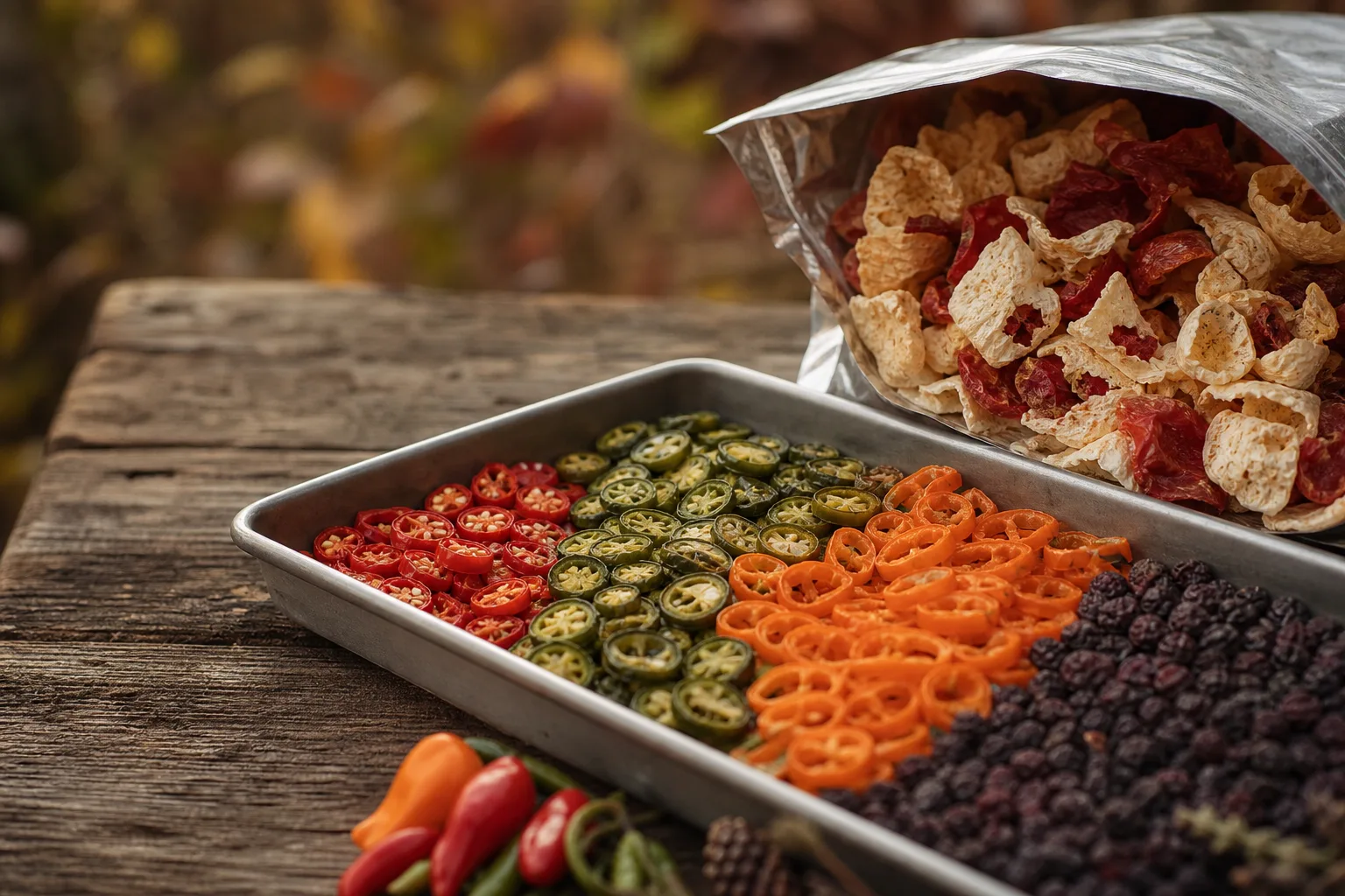 A close up tray of uniformly sliced garden peppers and berries beside crisp freeze dried pieces in an open Mylar bag. What each method preserves and what it destroys