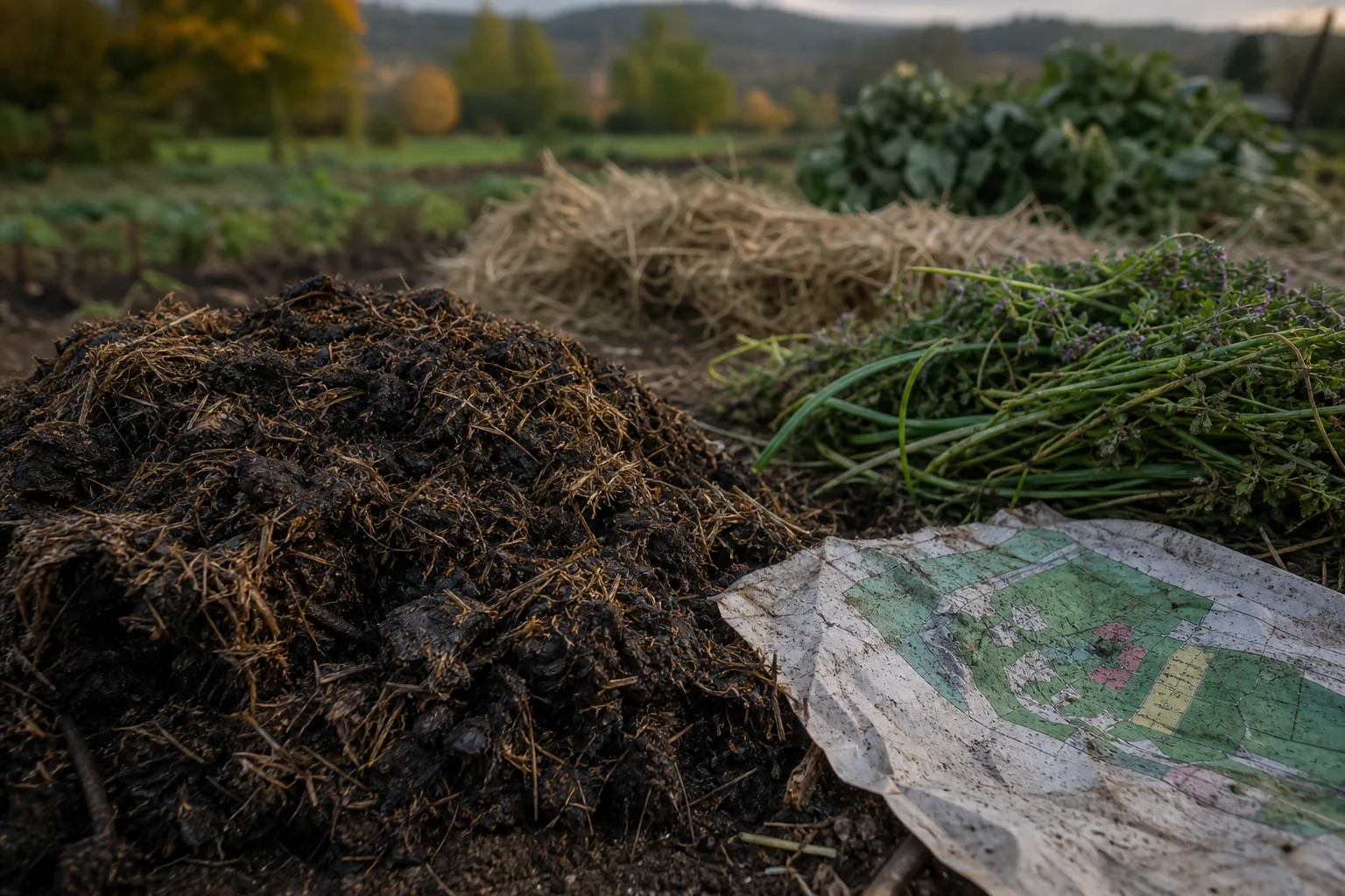 A close-up of a farmyard manure pile beside a labeled biodiversity reserve map and forage bundles. A stricter standard than organic on closed-loop fertility