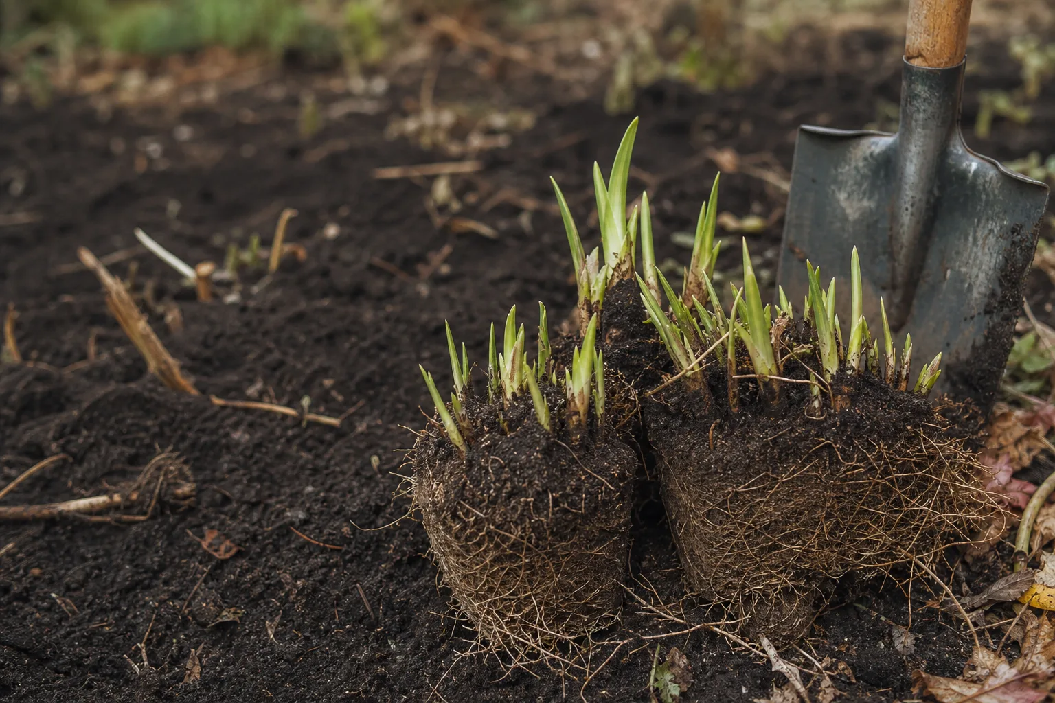 A lifted perennial root ball separated into sections showing healthy roots and green shoots beside a sharp garden spade. Spring bloomers in fall, fall bloomers in spring