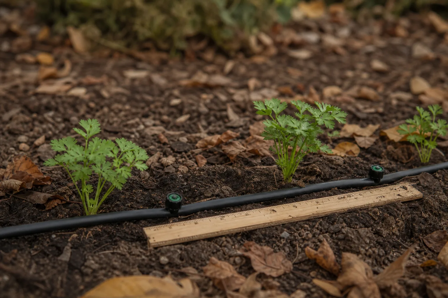 Black drip irrigation tubing with 0.5 gallon per hour emitters spaced beside small garden plants and a ruler showing 12 inch spacing. Emitter spacing and flow rate by soil type
