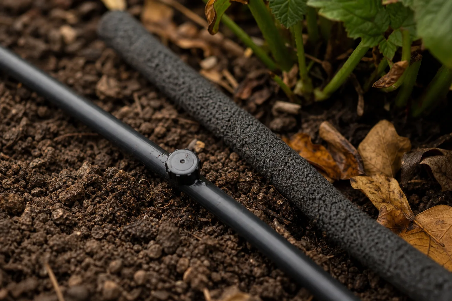 black drip tubing with a clean emitter beside a porous soaker hose on brown garden soil. Efficiency, cost, clogging and lifespan