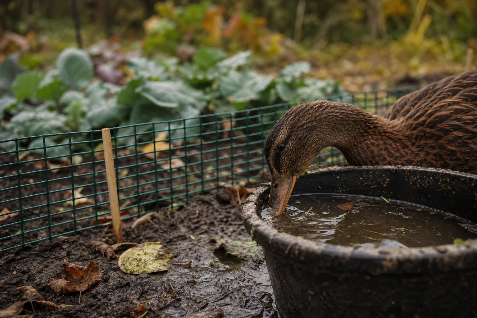 A duck bill beside a muddy water tub at the edge of a vegetable bed, with a low temporary garden barrier visible behind it. Better than chickens in a garden and harder on water features