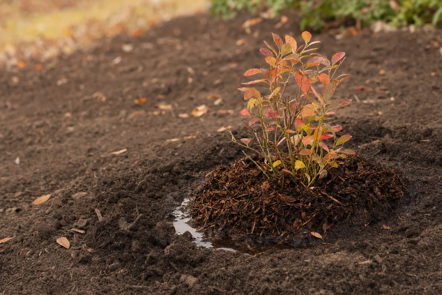 A newly planted young shrub in rich soil with a fresh mulch ring and visible moisture at the base, settling in during cool autumn weather.