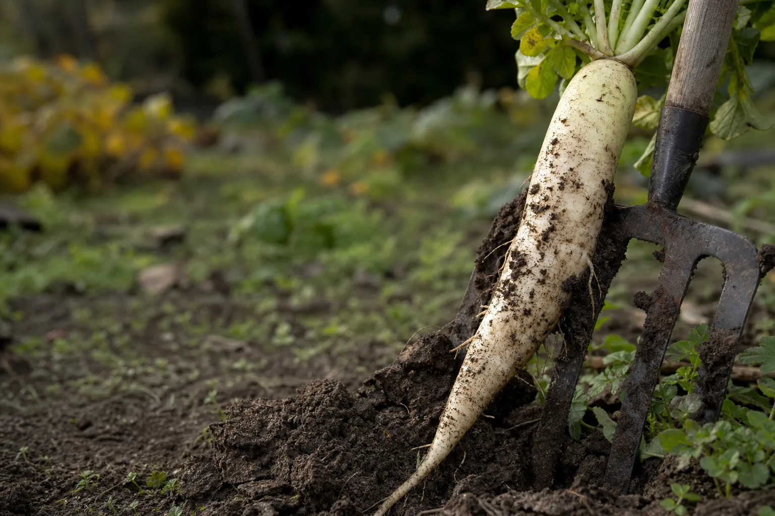A freshly pulled Daikon radish beside a garden fork, with its long white taproot extending from a dark compacted soil clod. Daikon, deep roots and time beat machinery