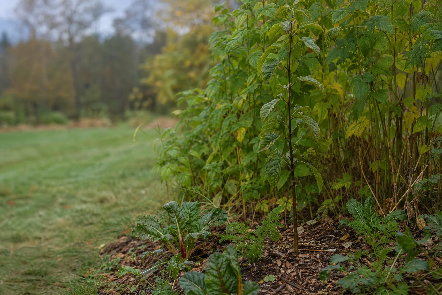 A young fruit tree surrounded by low annual crops and taller temporary nurse plants in a mulched garden bed. Most food forest failures are impatience with the nurse phase