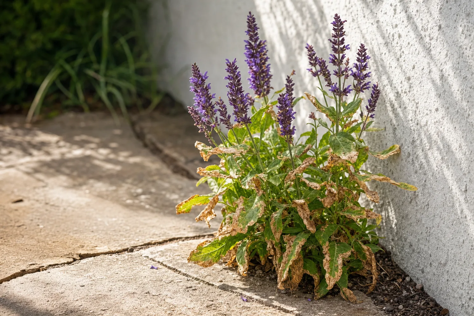 A heat-stressed perennial planted beside a west-facing white stucco wall, with leaves showing crispy, bleached edges from reflected afternoon sun.
