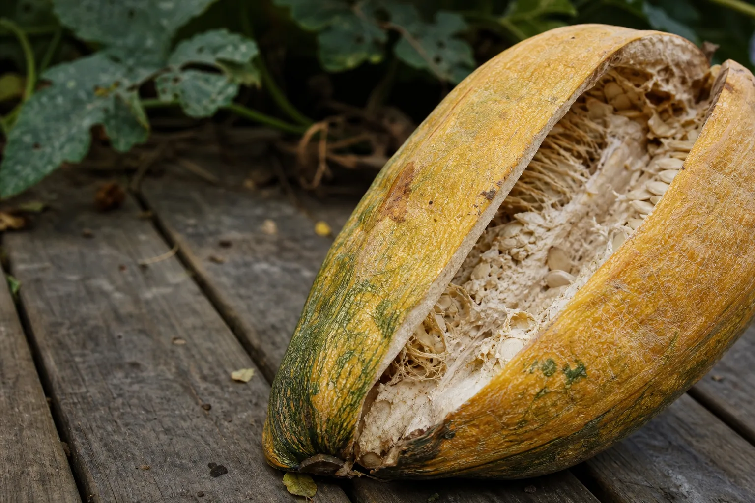 A fully oversized zucchini with a hardened yellowing rind split open to show mature seeds inside. You cannot take both from the same fruit