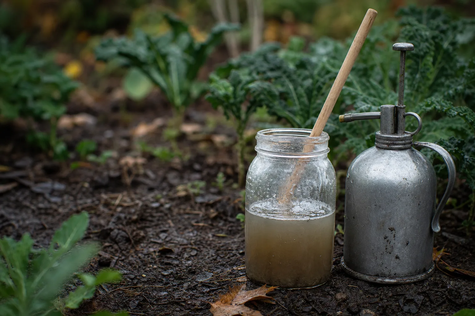 A labeled glass jar of diluted horn manure 500 beside a wooden stirring stick and a metal hand sprayer on damp garden soil. The two field sprays that define the method