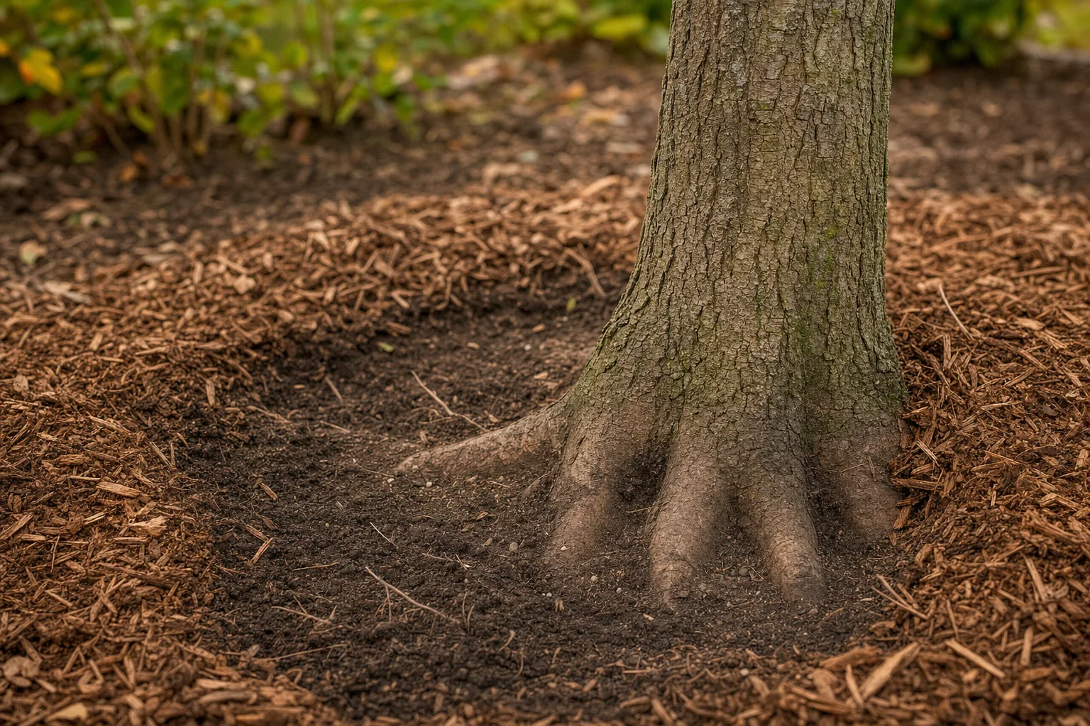 A close-up of mulch pulled back 3 to 6 inches from a tree trunk, with the root flare visible. Two to three inches, never touching the trunk