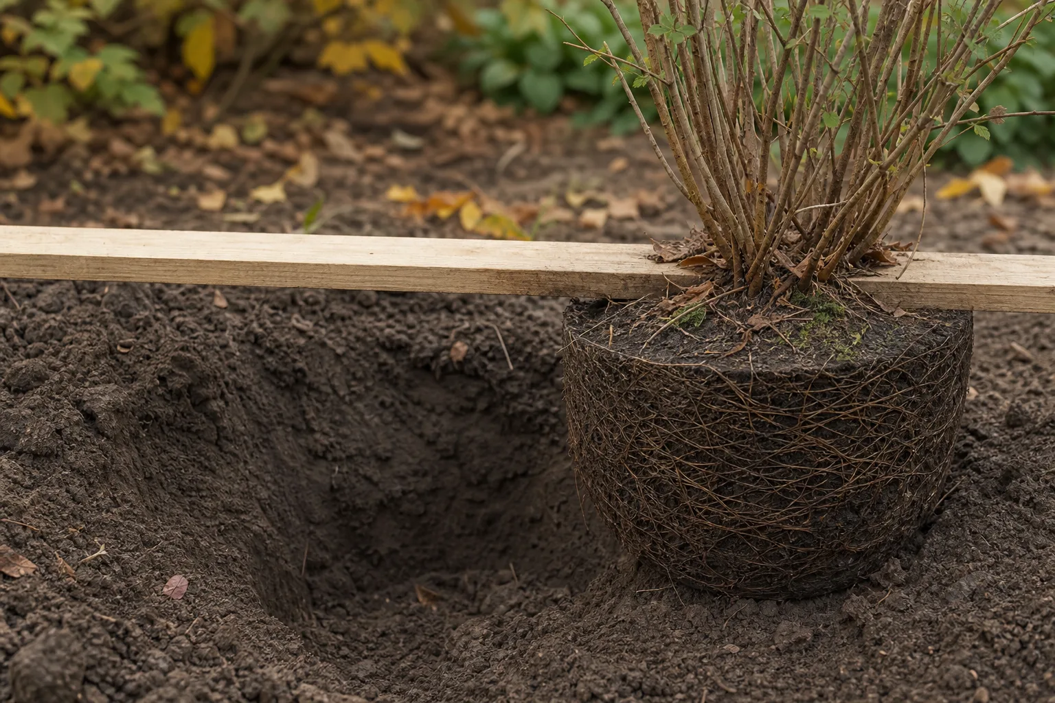 The exposed crown and top of a shrub root ball set beside a planting hole with a straight board showing the correct soil level. Planting too deep is the quietest killer in a new landscape