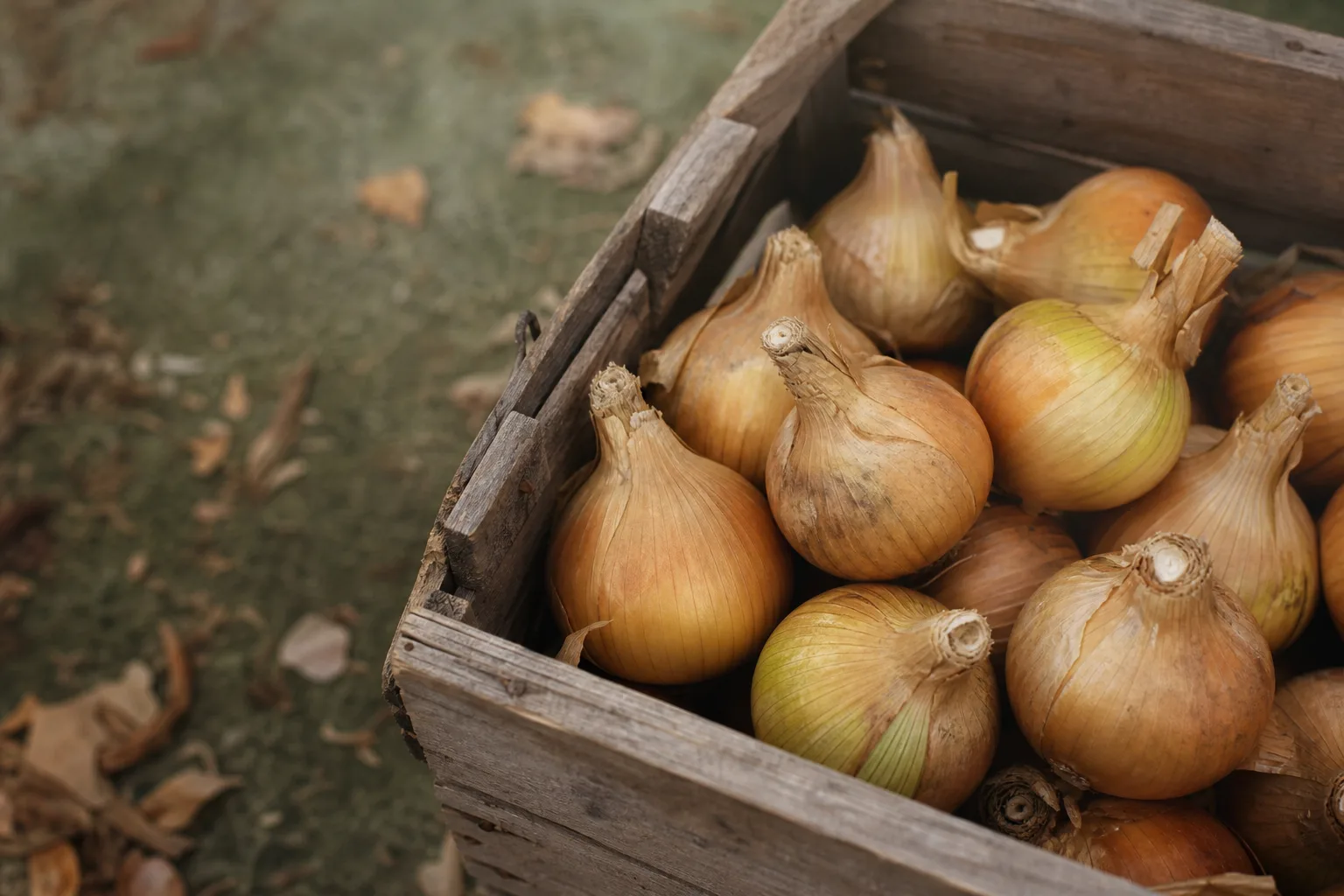 A close-up of cured onions with dry papery skins and trimmed one-inch necks resting in a ventilated wooden crate. Curing is a separate step from harvest and most people skip it
