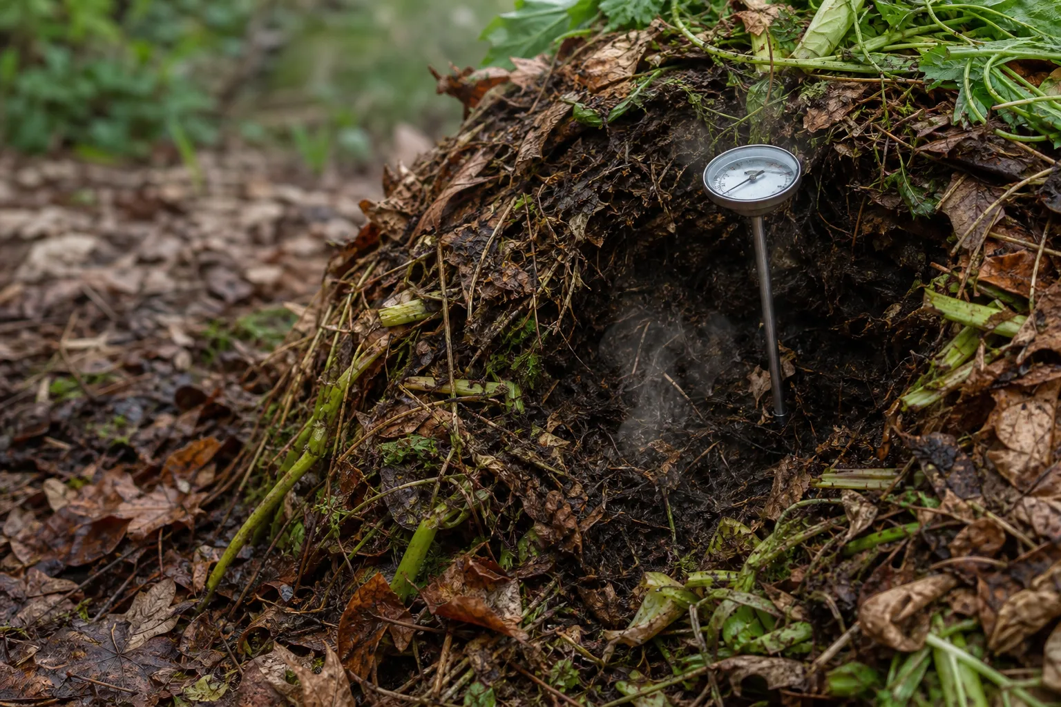 A compost thermometer inserted into the dark center of a layered pile of dry leaves and green kitchen scraps. A hot pile with the preparations inserted