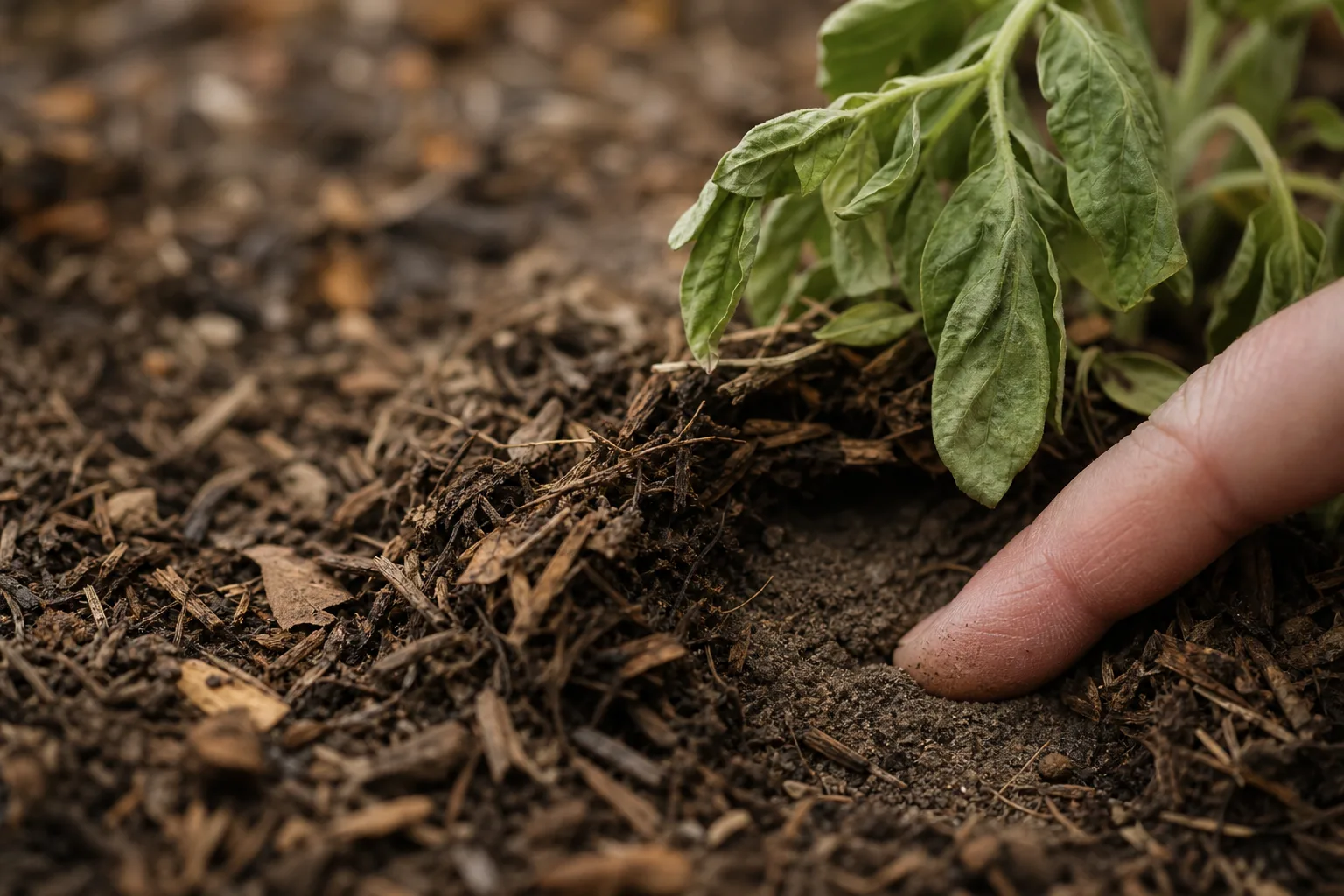 A fingertip pressing into the dry top inch of soil beneath pulled-back mulch beside a wilted green leaf. Wilting at noon is often not a water signal