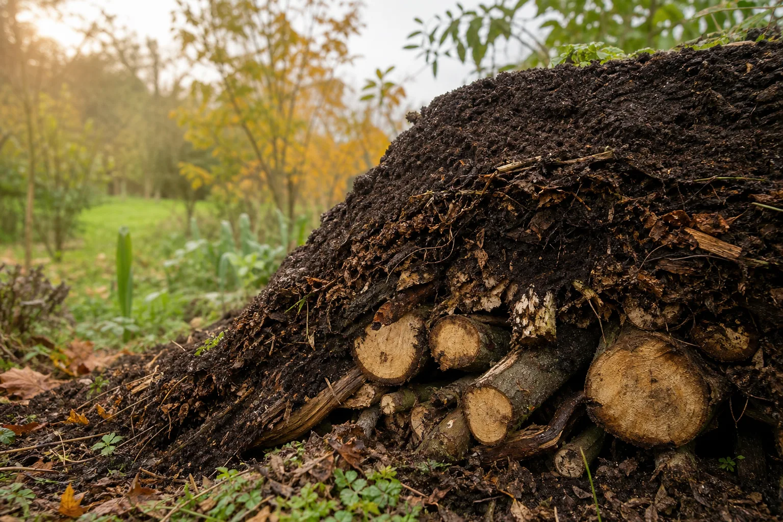 A cross section of a hugelkultur mound showing hardwood logs, branches, leaves, compost, and the thick soil cap. A buried wood mound that becomes a water-holding sponge