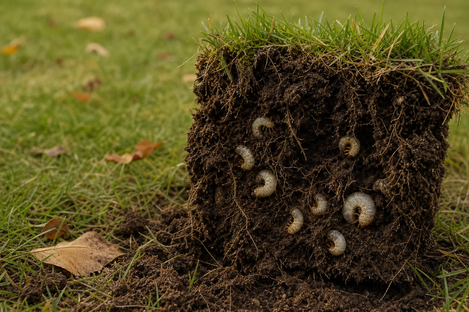 A one-foot square of lifted turf showing pale C-shaped white grubs in the soil beneath grass roots. Skunks digging is the diagnosis, and timing the treatment is everything