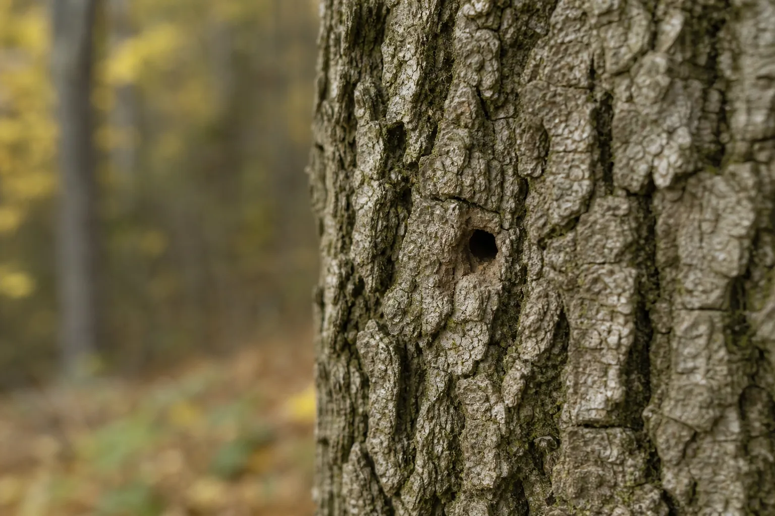 A close-up of a D-shaped emerald ash borer exit hole about 1/8 inch wide in ash tree bark. By the time you see thinning, the decision is treat or remove