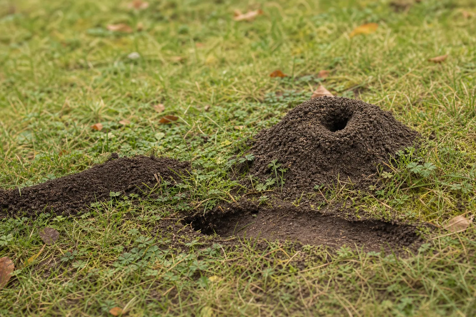A raised soil mound with a single funnel-shaped opening beside a shallow vole runway and a smooth mole tunnel. Three animals, three completely different problems