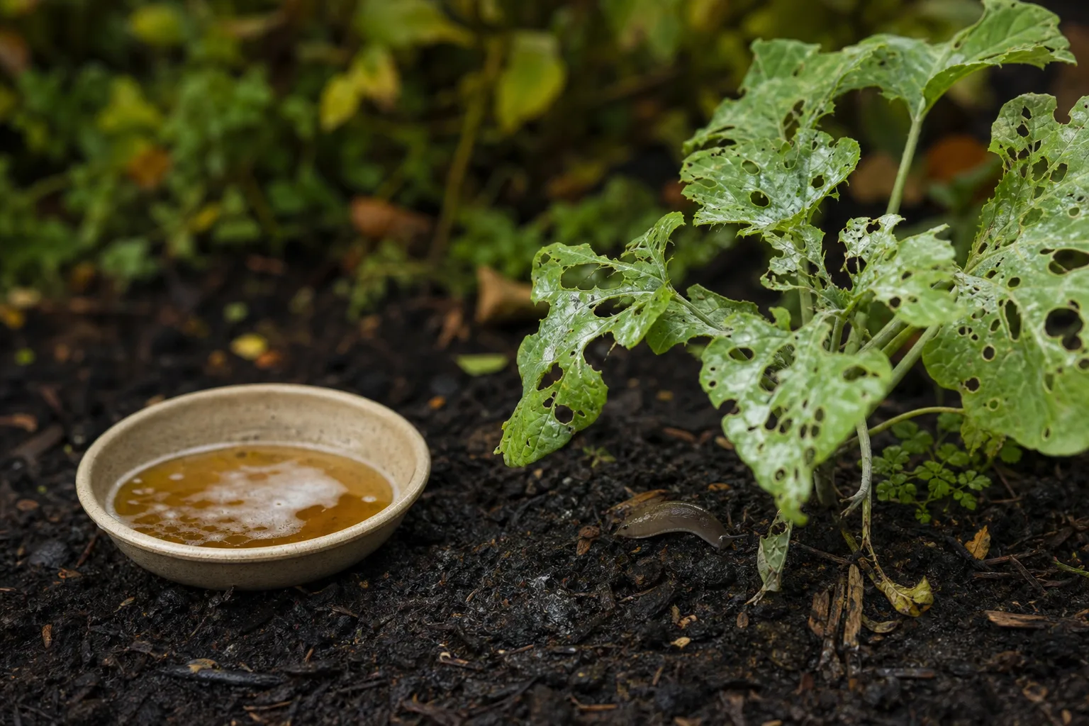 A shallow cup half-filled with beer beside a young plant whose leaves have ragged holes and a silvery slime trail. Beer traps, iron phosphate, and the habitat changes that matter more