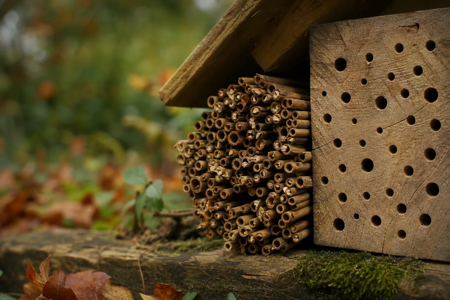 A removable bundle of dry hollow plant stems beside an untreated wood block drilled with 4 to 10 millimeter holes. Most commercial bee hotels are built wrong and spread disease