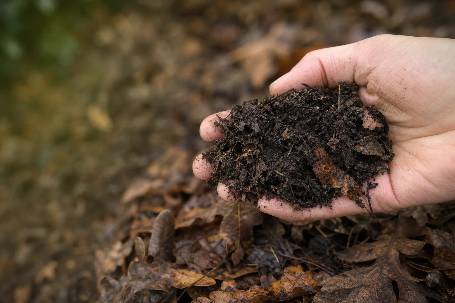 A close-up handful of dark, crumbly finished leaf mold with a few recognizable leaf fragments beside it. A year of patience turns a pile of leaves into the best amendment available