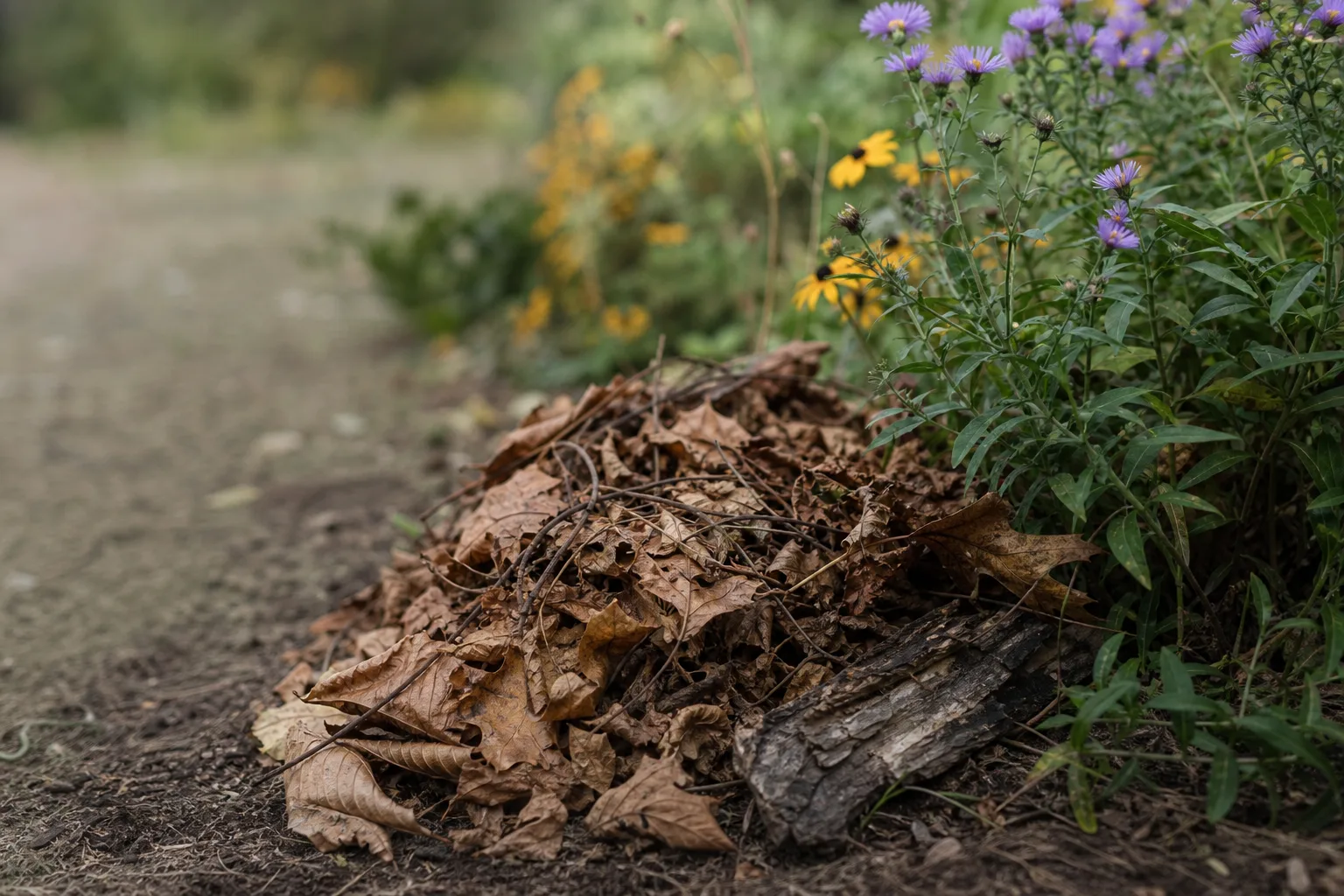 A one-foot pile of dry leaves mixed with curled stems and a piece of coarse bark beside a native flower border. Fireflies and native bees overwinter in the litter you bag