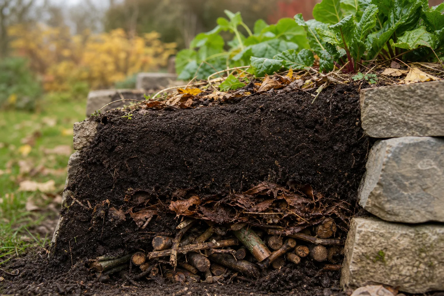 A cross-section of a low garden bed showing small untreated branches beneath wet leaves and a 4-inch layer of dark topsoil beside a neat stone edge. You do not need a two meter mound to get the benefit
