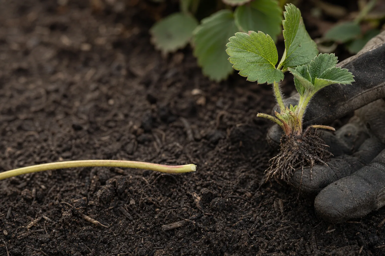 A rooted strawberry runner daughter plant held against dark soil beside a cleanly cut runner stem. You cannot maximize both in the same season
