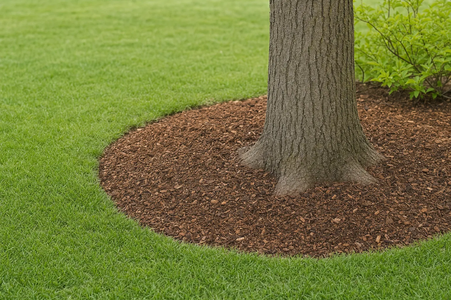A mature tree trunk with the root flare visible, surrounded by a shallow ring of shredded bark mulch that stops a few inches short of the trunk. The mulch is spread evenly at about two to three inches deep,
