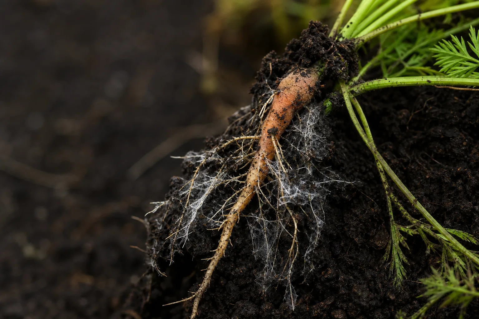 A close-up of fine white mycorrhizal fungal threads surrounding the roots of a young carrot seedling in dark soil. Brassicas and beets do not form the association at all