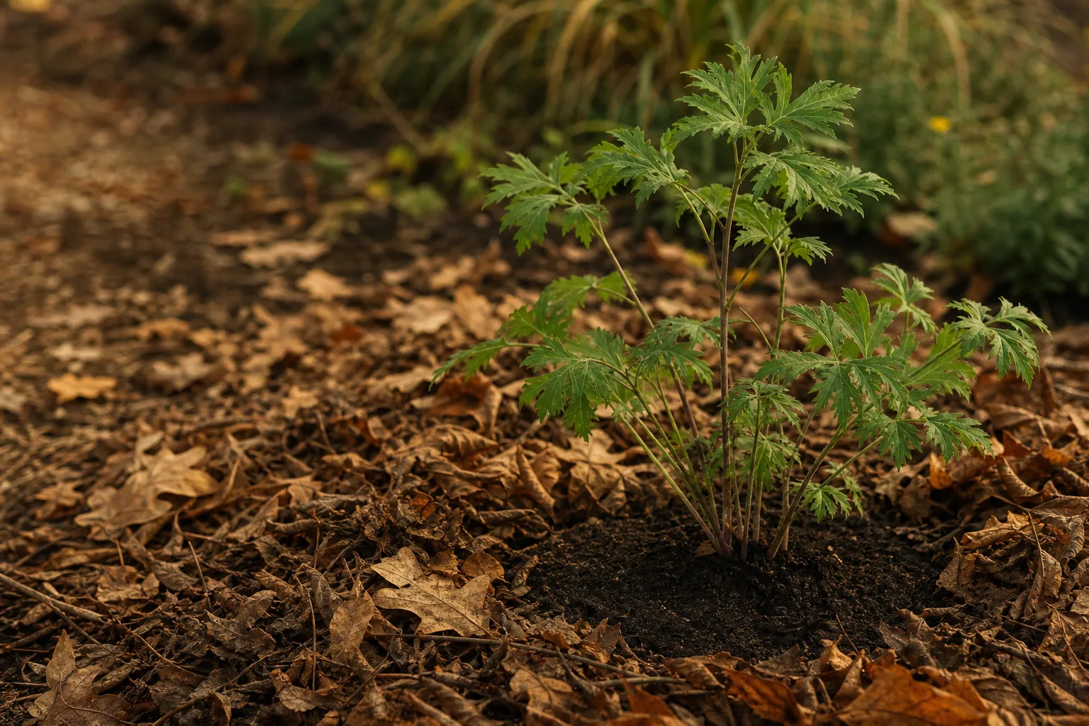 A newly planted native perennial in dark soil with a thin layer of leaf mulch kept several inches away from its stem. Right plant right place still applies to natives
