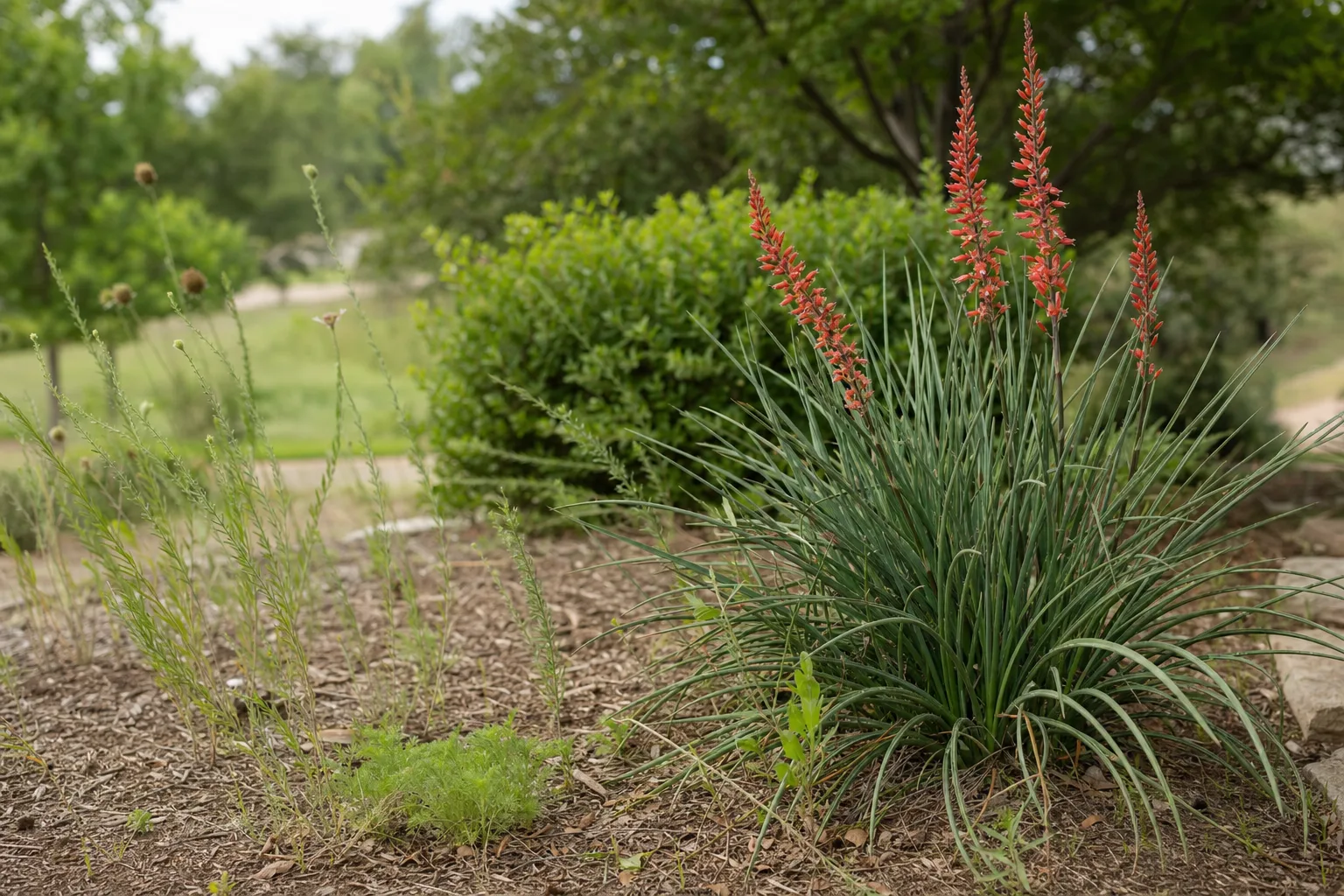 A drought-tolerant native landscape bed with a few identifiable plants, such as Texas red yucca with narrow blue-green, arching leaves and upright coral-red flower stalks, plus visible weeds or mulch around the base.