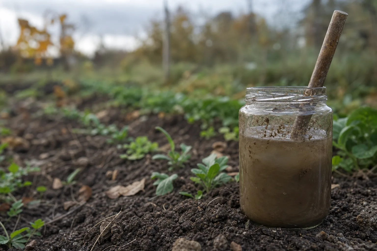 A close-up glass jar of cloudy brown BD 500 stirred preparation beside a clean garden bed. BD 500 through 508, described plainly