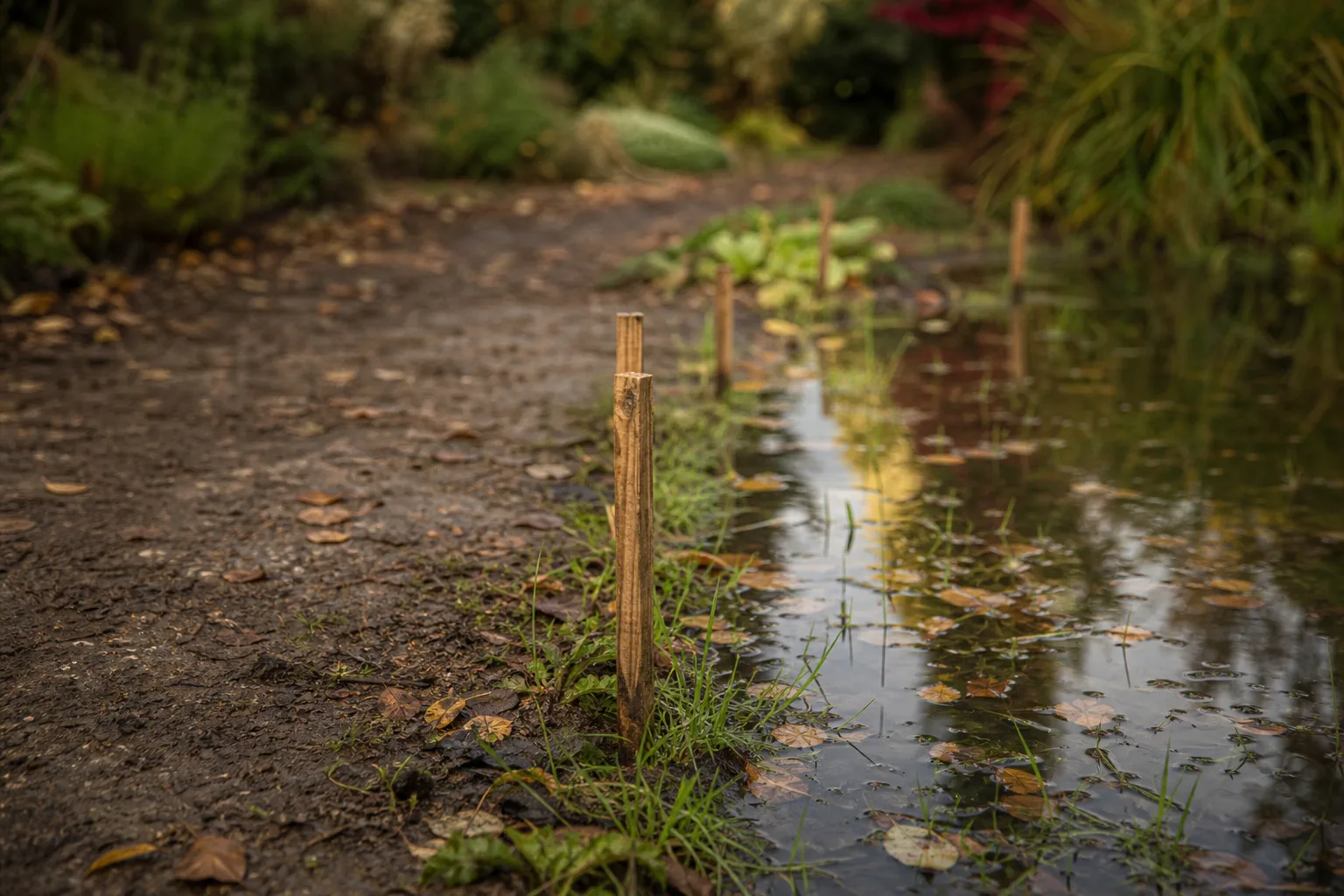A rain-darkened garden path beside a shallow puddle, with small wooden observation stakes marking the water’s edge. The cheapest permaculture tool is patience