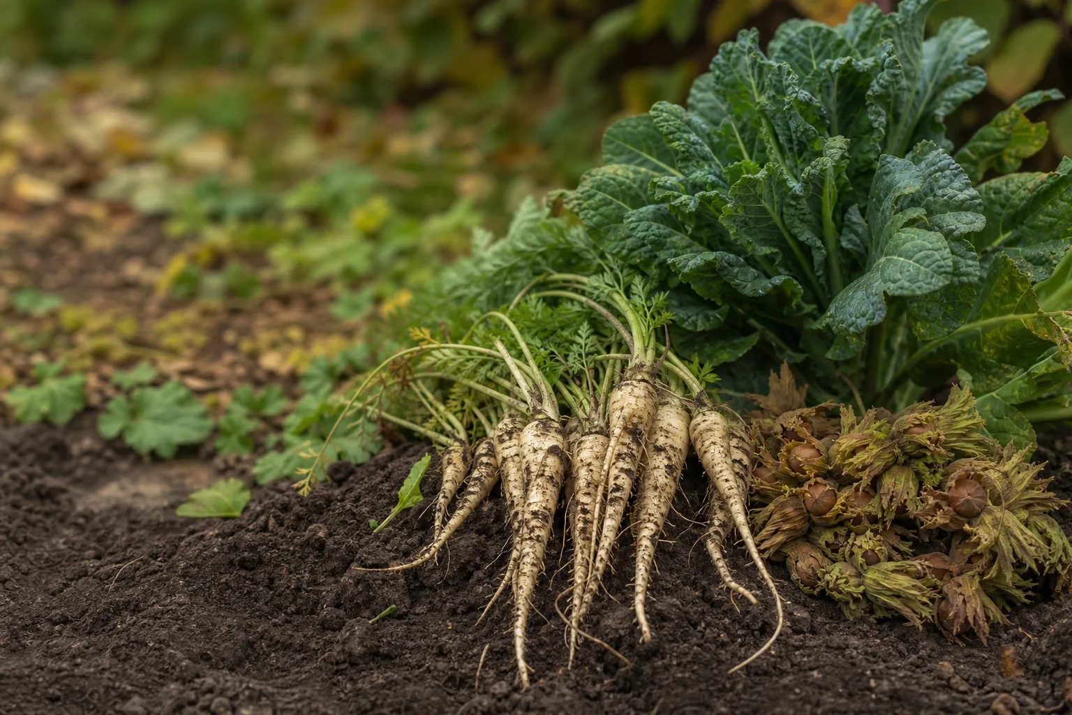 freshly dug pale skirret roots beside a leafy perennial brassica plant and a cluster of hazelnuts on dark garden soil. Chestnut, hazel, groundnut, skirret and perennial brassicas