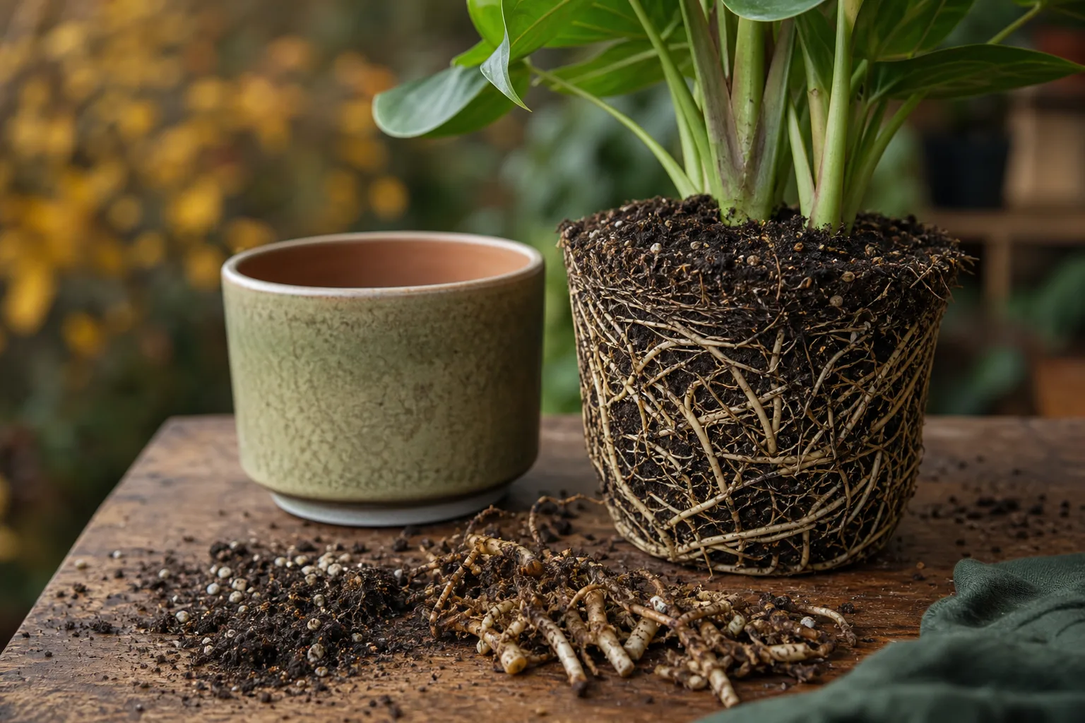 A houseplant root ball beside a clean pot only 1 to 2 inches wider, with firm roots, fresh potting mix, and trimmed mushy roots visible. Going up too many sizes causes root rot