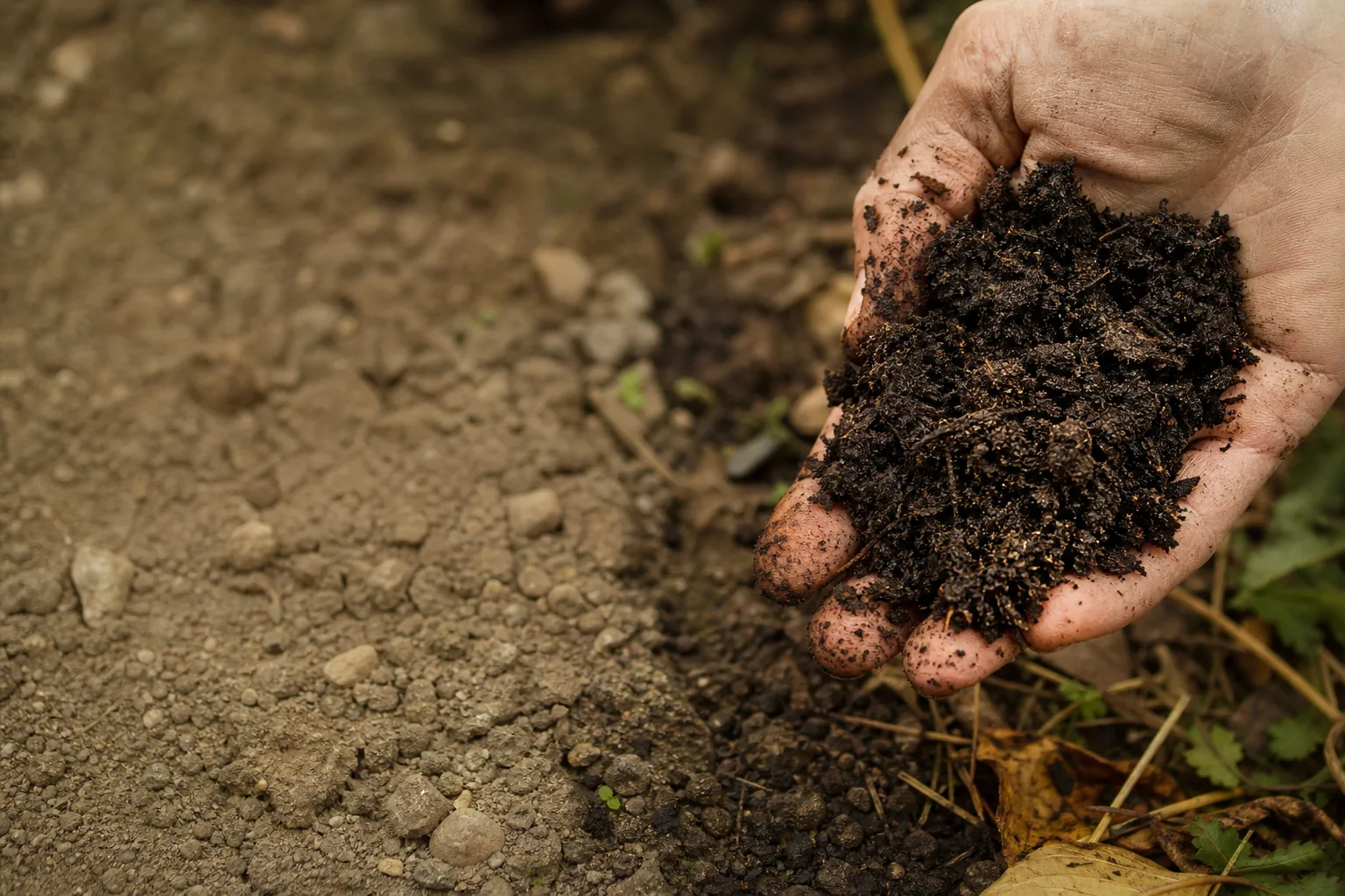 Dark, crumbly compost held in a gardener’s hand beside a thin layer of clay soil. Soil benefits are real, and attributing them to the preparations is contested