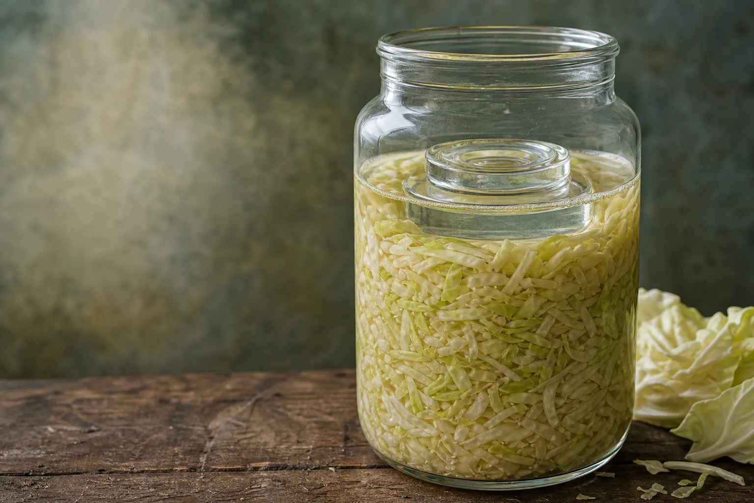 A glass jar packed with shredded cabbage beneath a clear layer of brine and a fermentation weight. Salt percentage is the only number that matters